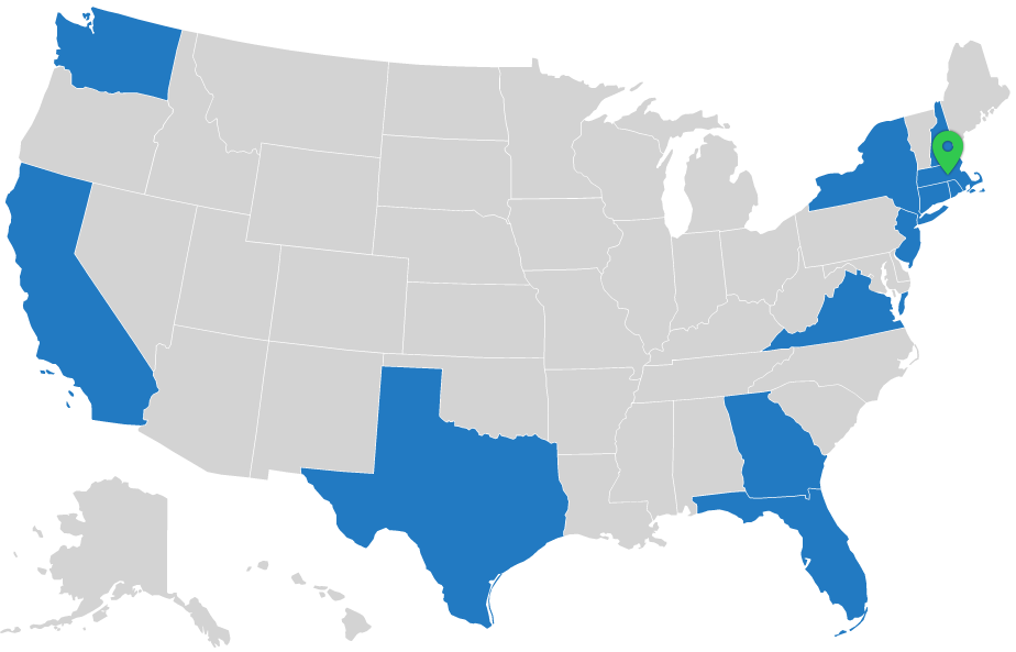 map of USA with states CA, CT, DC, FL, MA, NH, NJ, NY, RI, TX, VA, WA, and GA highlighted